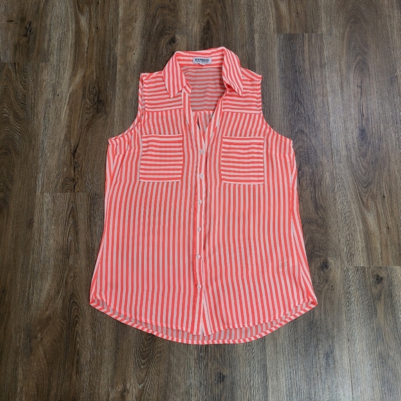 Express Portofino Shirt Orange White Stripe Chiffon Sleeveless Workwear sz Small - Picture 2 of 6